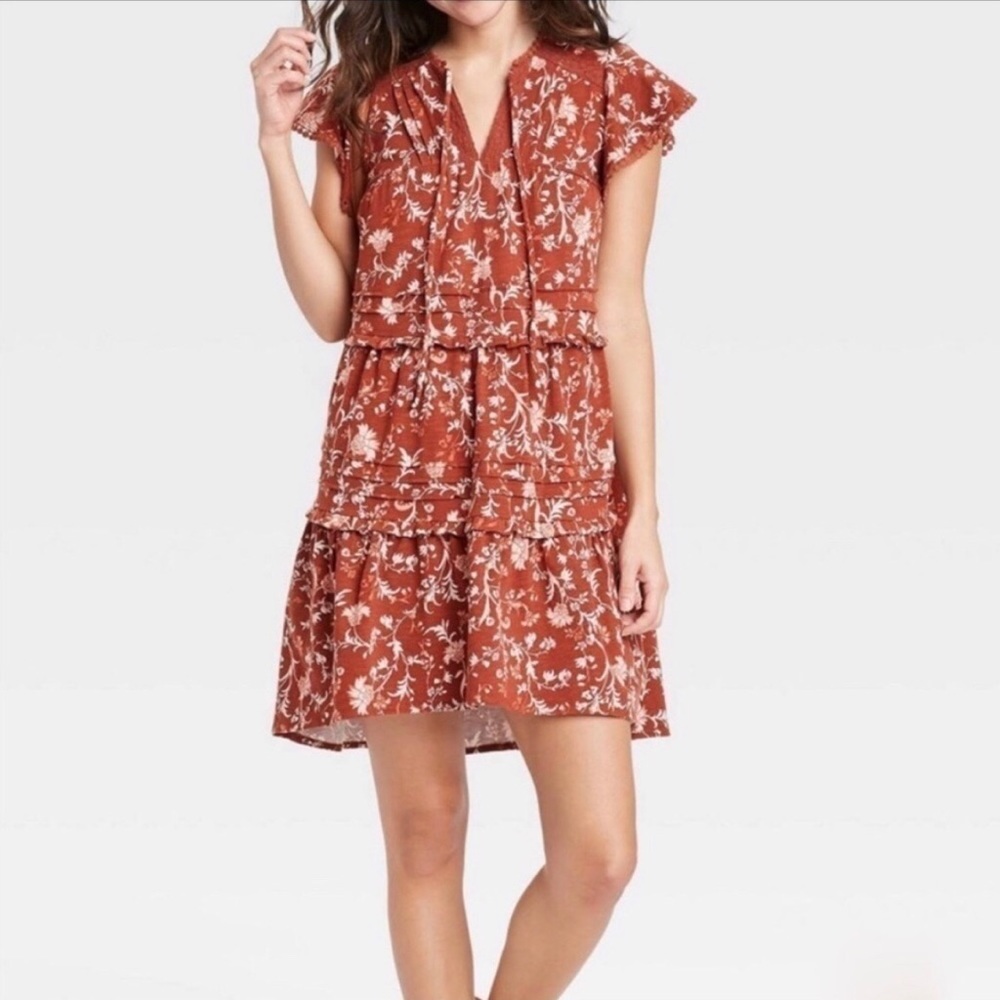 Knox Rose Burnt Orange Floral Flutter Sleeve Tiered Shift Dress Size L Peasant